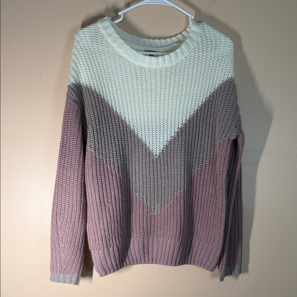 Charlotte Russe Sweaters - Charlotte Russe Chevron Colorblock Crew Sweater - Cream, Taupe & Mauve